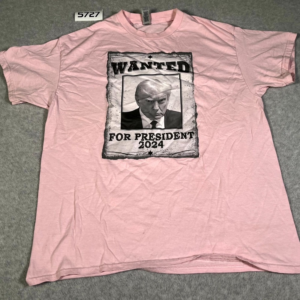 Gildan‎ T Shirt Mens Large Pink Donald Trump Mugshot Graphic Print Crew Neck